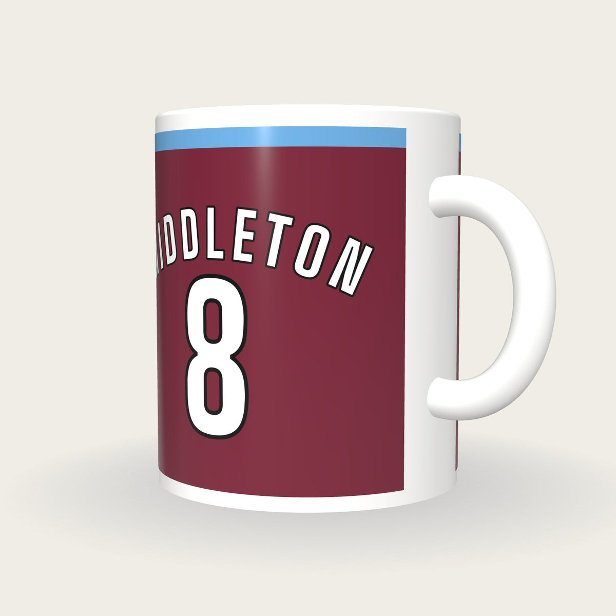 Personalised Maroon and Sky Blue Hockey Shirt Mug, three-quarter view
