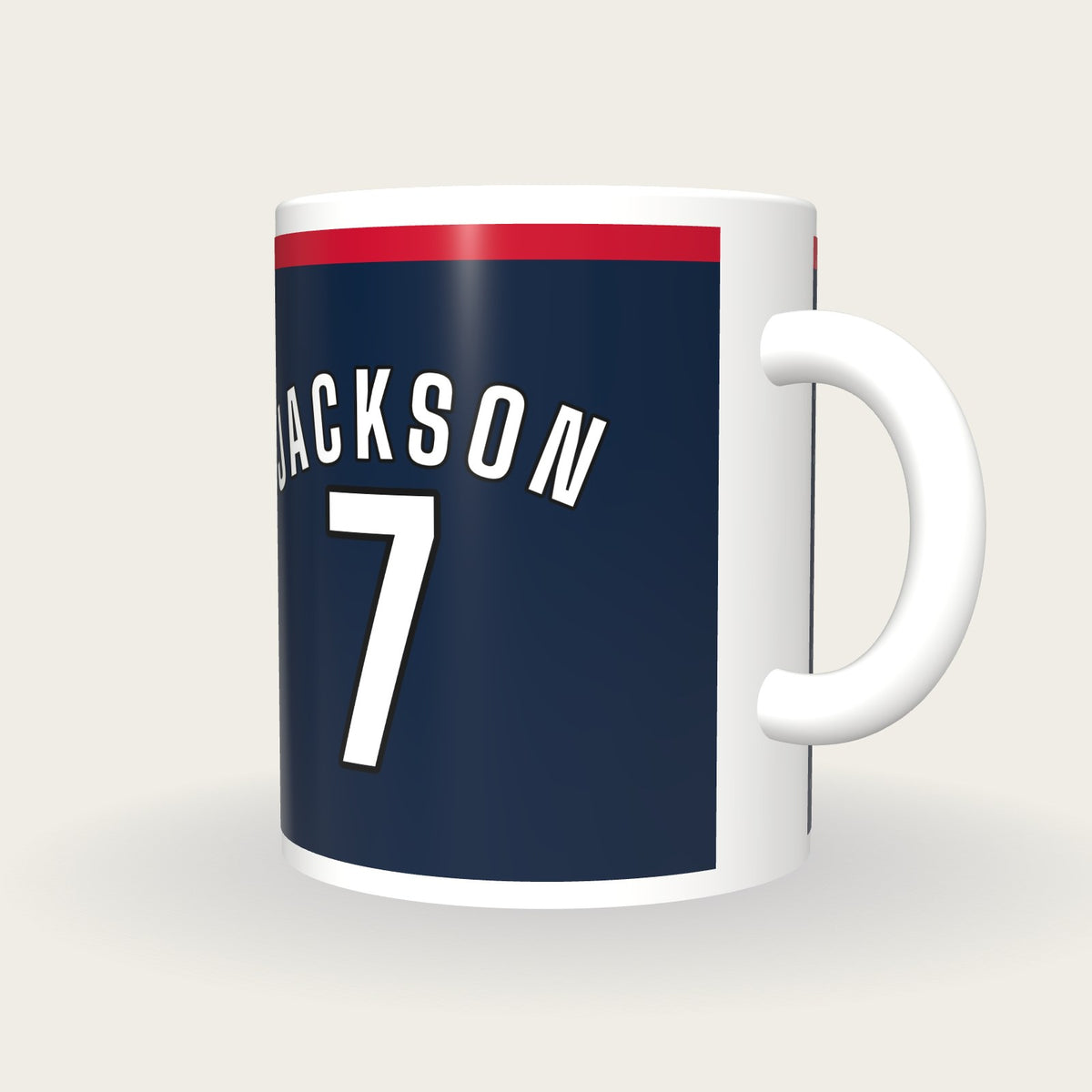 Personalised Navy and Red Hockey Shirt Mug, three-quarter view