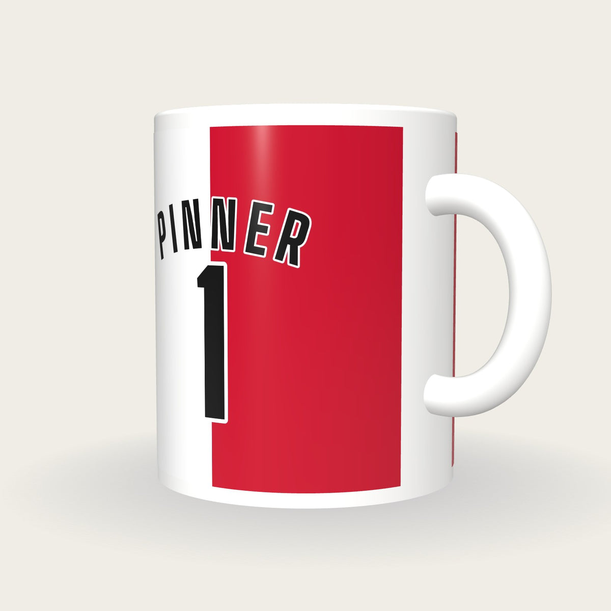 Personalised Red and White Halves Hockey Shirt Mug, three-quarter view