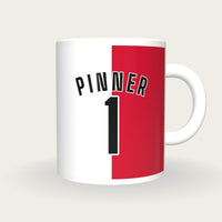 Personalised Red and White Halves Hockey Shirt Mug, front