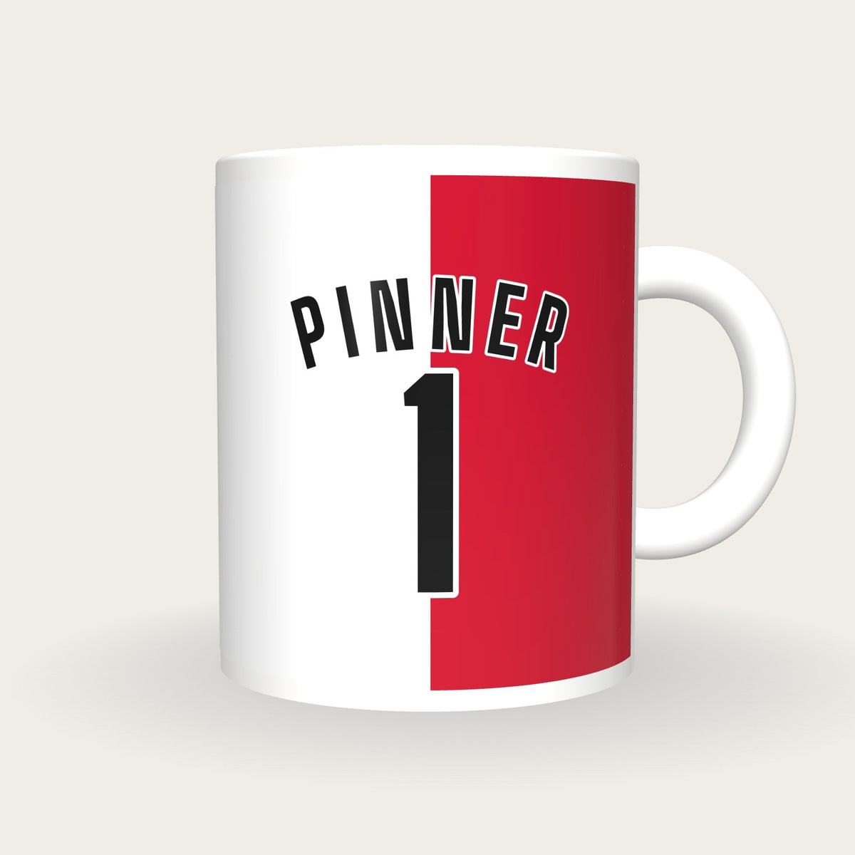 Personalised Red and White Halves Hockey Shirt Mug, front