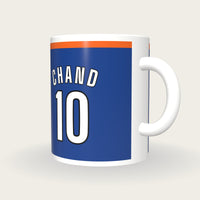 Personalised Royal Blue and Orange Hockey Shirt Mug, three-quarter view