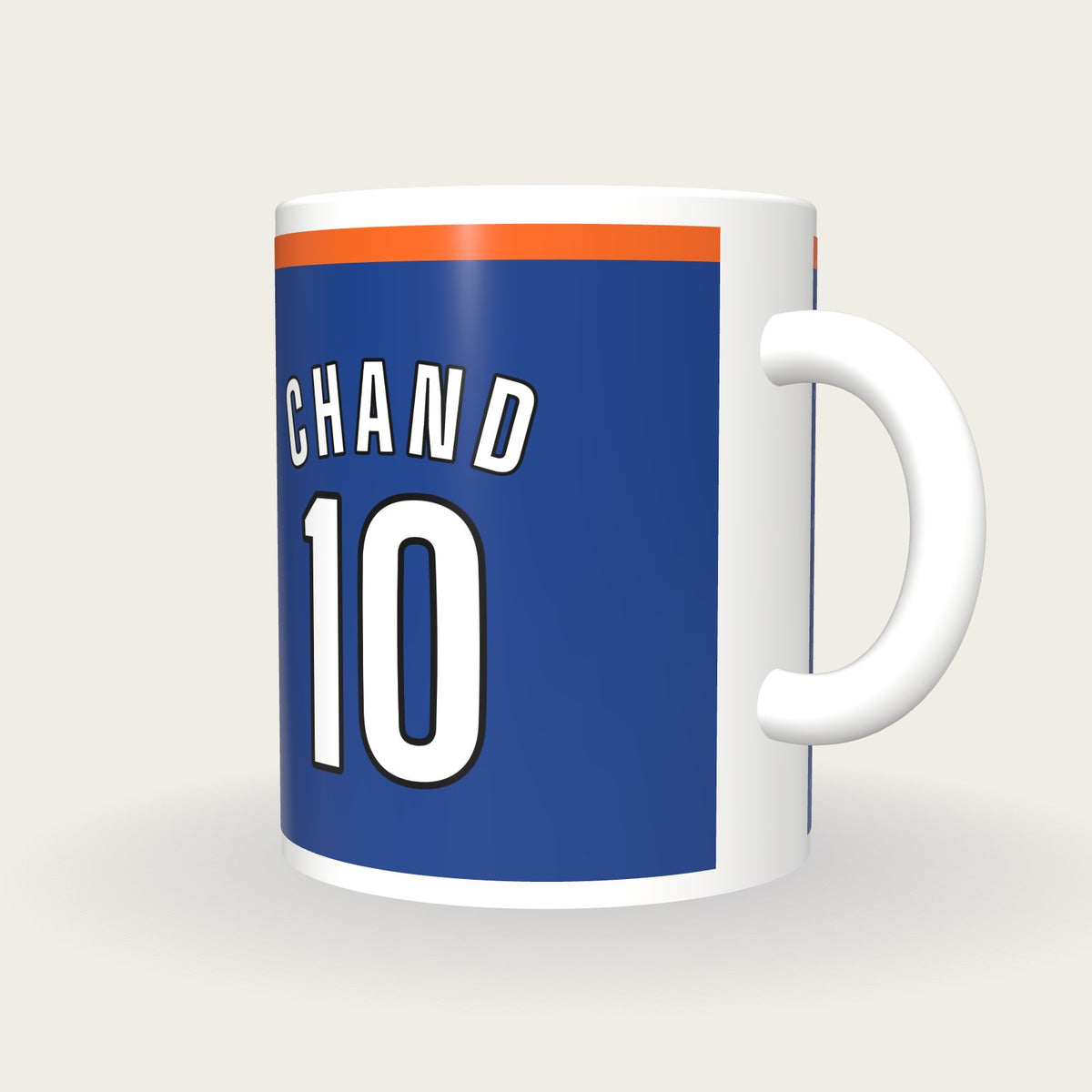 Personalised Royal Blue and Orange Hockey Shirt Mug, three-quarter view