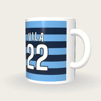 Personalised Sky Blue and Navy Hoops Hockey Shirt Mug, three-quarter view