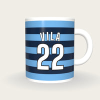 Personalised Sky Blue and Navy Hoops Hockey Shirt Mug, front