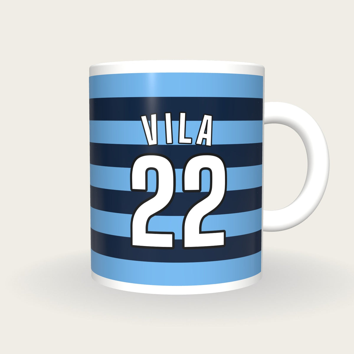 Personalised Sky Blue and Navy Hoops Hockey Shirt Mug, front