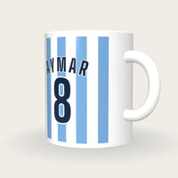 Personalised Sky Blue and White Stripes Hockey Shirt Mug, three-quarter view