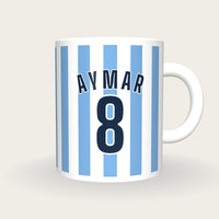 Personalised Sky Blue and White Stripes Hockey Shirt Mug, front
