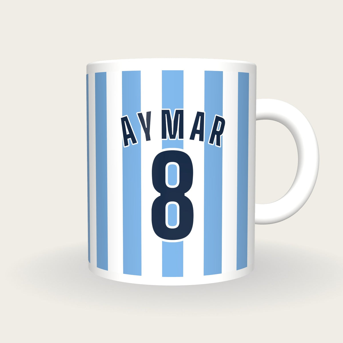 Personalised Sky Blue and White Stripes Hockey Shirt Mug, front