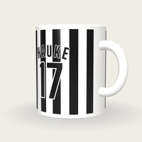 Personalised White and Black Stripes Hockey Shirt Mug, three-quarter view