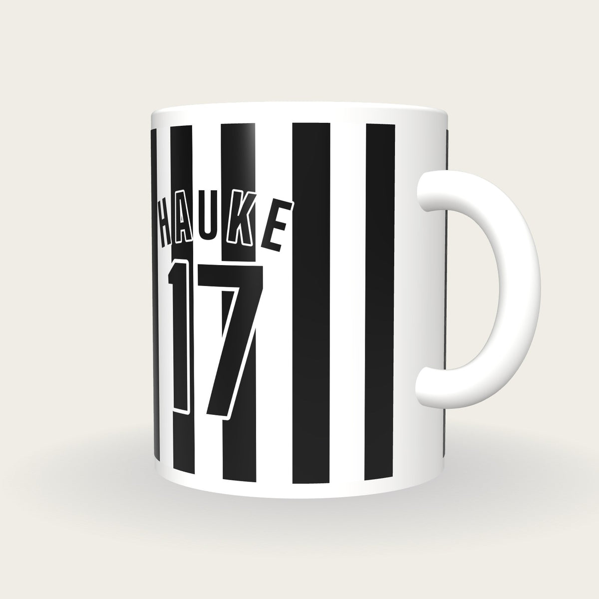 Personalised White and Black Stripes Hockey Shirt Mug, three-quarter view