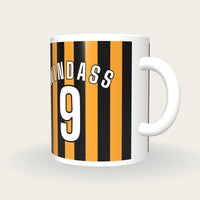 Personalised Amber and Black Stripes Football Shirt Mug, three-quarter view