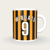 Personalised Amber and Black Stripes Football Shirt Mug, front