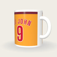 Personalised Amber and Claret Football Shirt Mug, three-quarter view