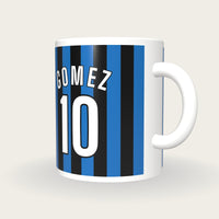 Personalised Black and Blue Stripes Football Shirt Mug, three-quarter view