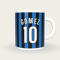 Personalised Black and Blue Stripes Football Shirt Mug, front