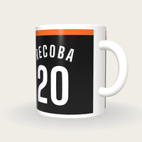 Personalised Black and Orange Football Shirt Mug, three-quarter view
