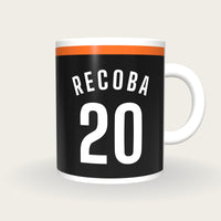 Personalised Black and Orange Football Shirt Mug, front