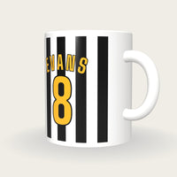 Personalised Black and White Stripes Football Shirt Mug, three-quarter view