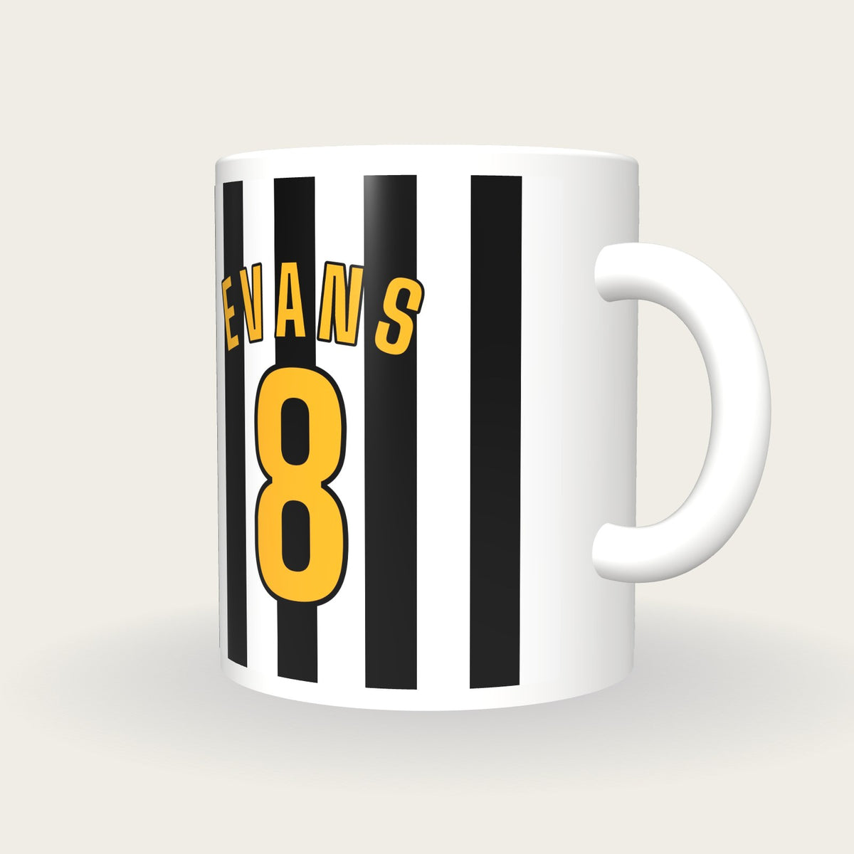 Personalised Black and White Stripes Football Shirt Mug, three-quarter view