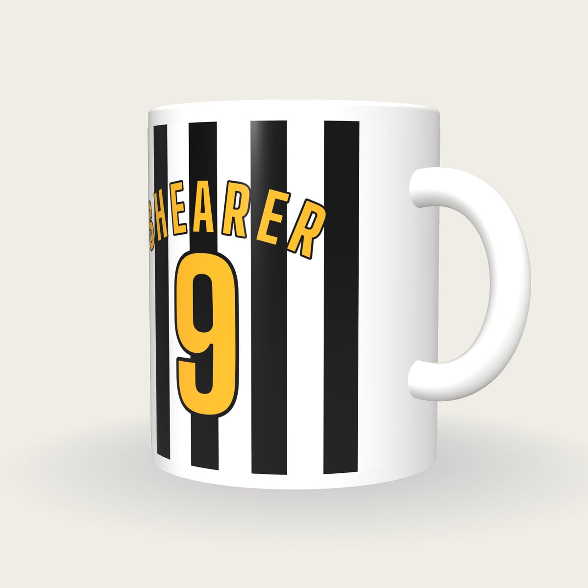 Personalised Black and White Stripes Football Shirt Mug, three-quarter view