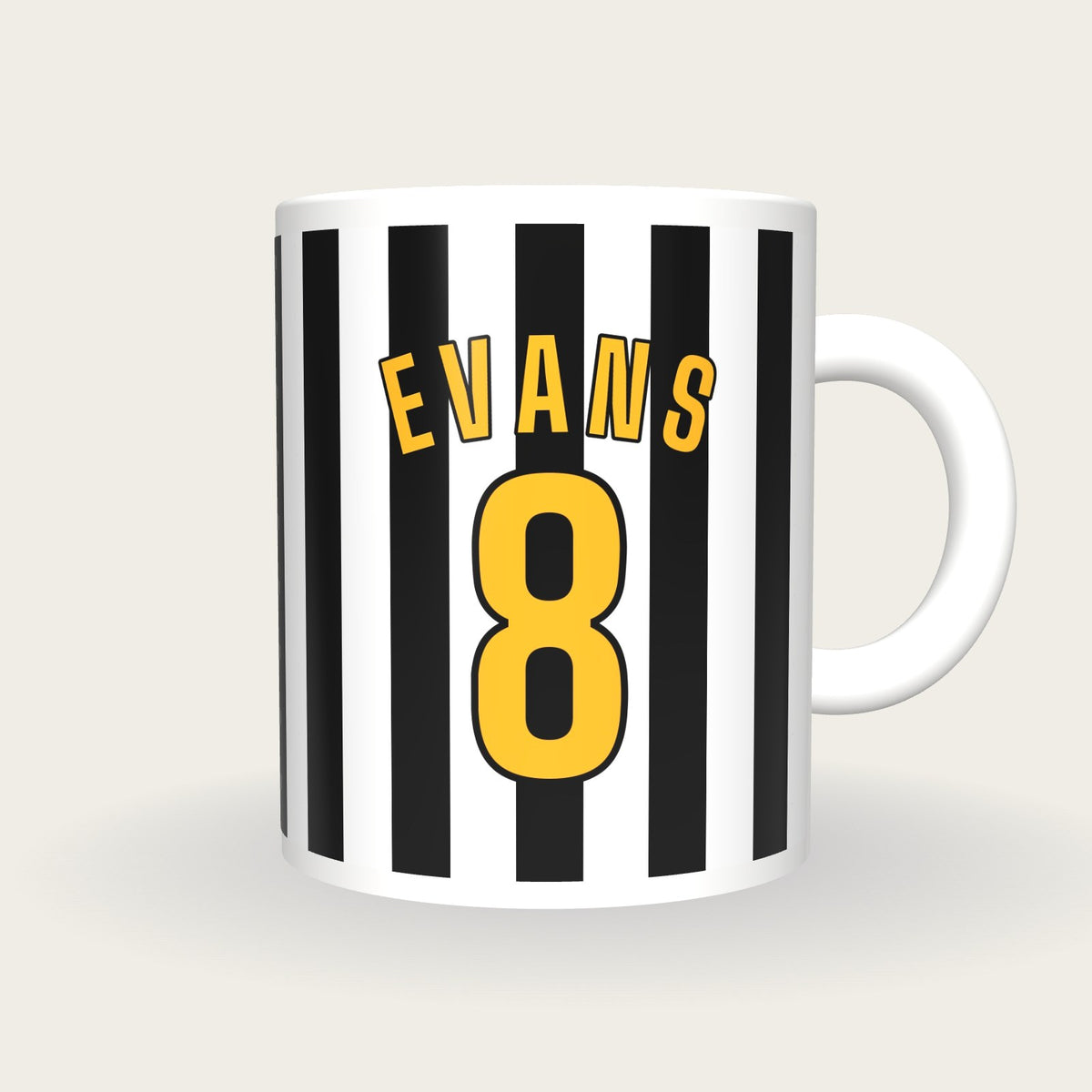 Personalised Black and White Stripes Football Shirt Mug, front