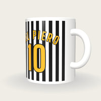 Personalised Black and White Thin Stripes Football Shirt Mug, three-quarter view