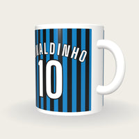 Personalised Blue and Black Thin Stripes Football Shirt Mug, three-quarter view