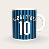Personalised Blue and Black Thin Stripes Football Shirt Mug, front