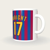 Personalised Blue and Claret Stripes Football Shirt Mug, three-quarter view