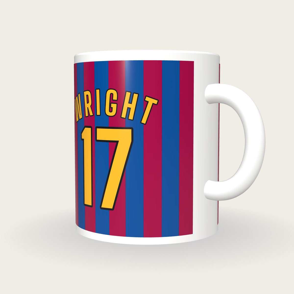 Personalised Blue and Claret Stripes Football Shirt Mug, three-quarter view