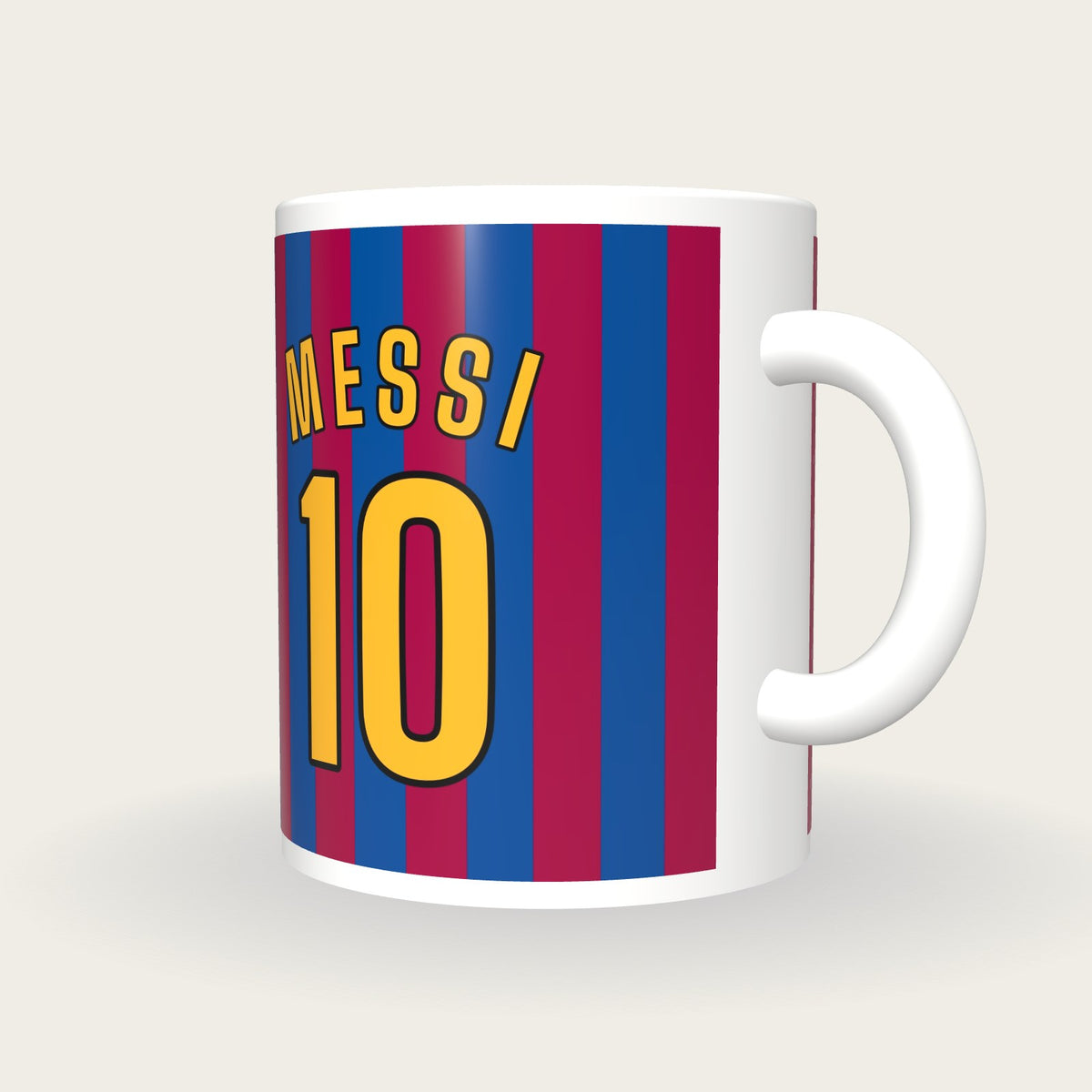 Personalised Blue and Claret Stripes Football Shirt Mug, three-quarter view