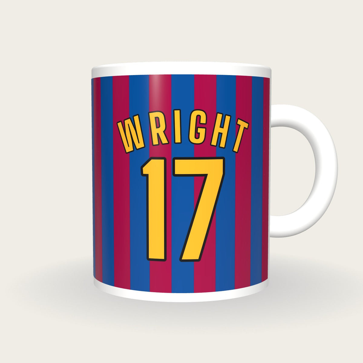 Personalised Blue and Claret Stripes Football Shirt Mug, front