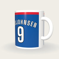 Personalised Blue and Red Football Shirt Mug, three-quarter view