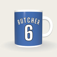 Personalised Blue and White Football Shirt Mug, front
