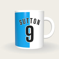 Personalised Blue and White Halves Football Shirt Mug, front