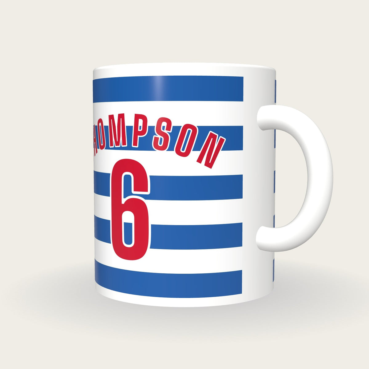 Personalised Blue and White Hoops Football Shirt Mug, three-quarter view
