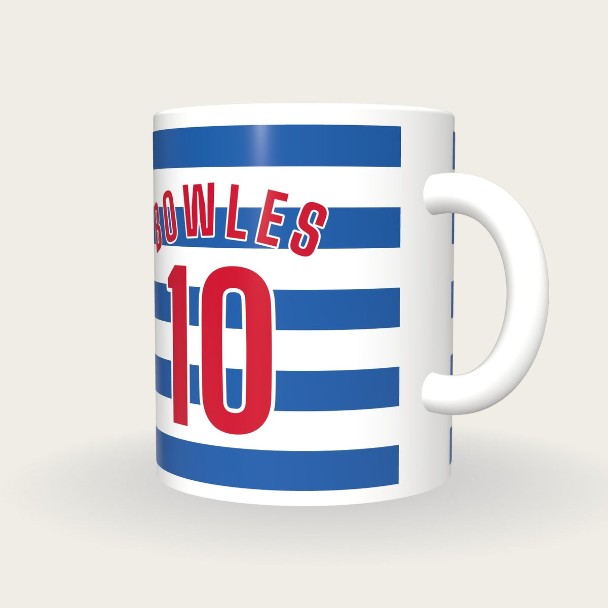 Personalised Blue and White Hoops Football Shirt Mug, three-quarter view