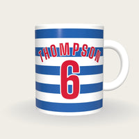 Personalised Blue and White Hoops Football Shirt Mug, front