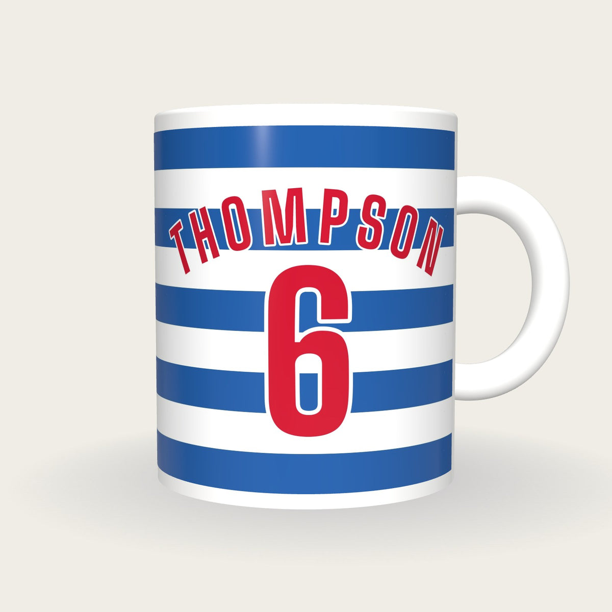 Personalised Blue and White Hoops Football Shirt Mug, front