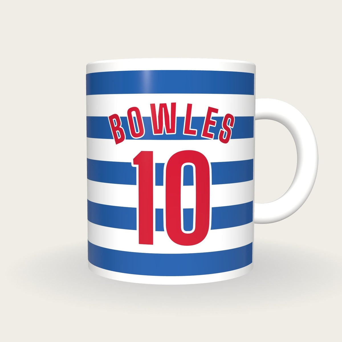 Personalised Blue and White Hoops Football Shirt Mug, front