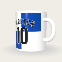 Personalised Blue and White Quarters Football Shirt Mug, three-quarter view
