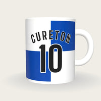 Personalised Blue and White Quarters Football Shirt Mug, front