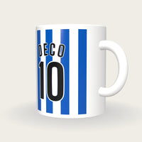 Personalised Blue and White Stripes Football Shirt Mug, three-quarter view