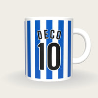 Personalised Blue and White Stripes Football Shirt Mug, front