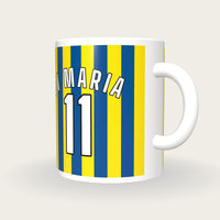 Personalised Blue and Yellow Stripes Football Shirt Mug, three-quarter view