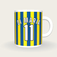 Personalised Blue and Yellow Stripes Football Shirt Mug, front
