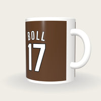 Personalised Brown and White Football Shirt Mug, three-quarter view