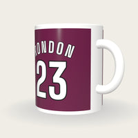 Personalised Burgundy and White Football Shirt Mug, three-quarter view