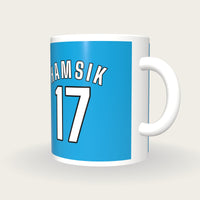 Personalised Cerulean and White Football Shirt Mug, three-quarter view